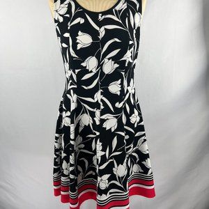 Robbie Bee Black and white floral print dress with coral hem detail size PM